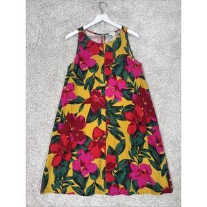 For Cynthia Linen Blend Hawaiian Dress Hibiscus Red Pink Mustard Size‎ Small